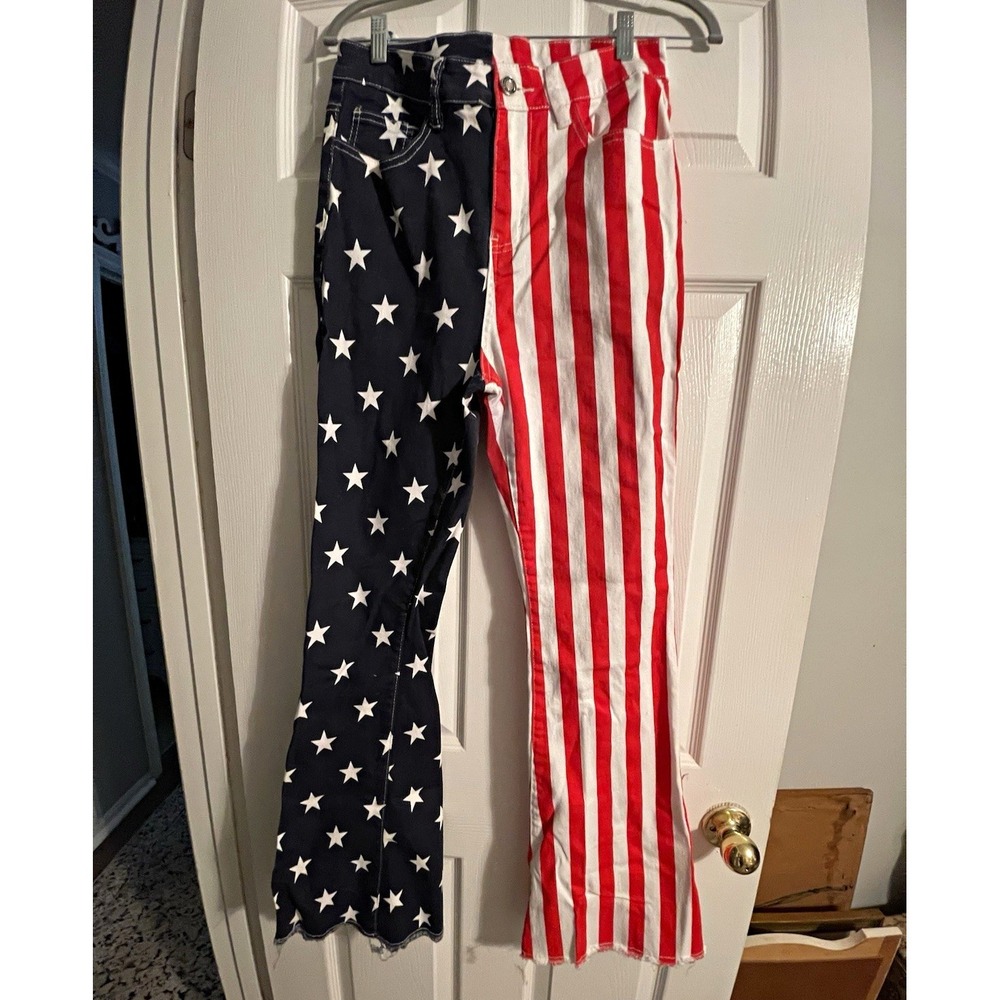Fashion Jeans Womens Flared Patriotic Stars Stripes Red White Blue Stretch 12